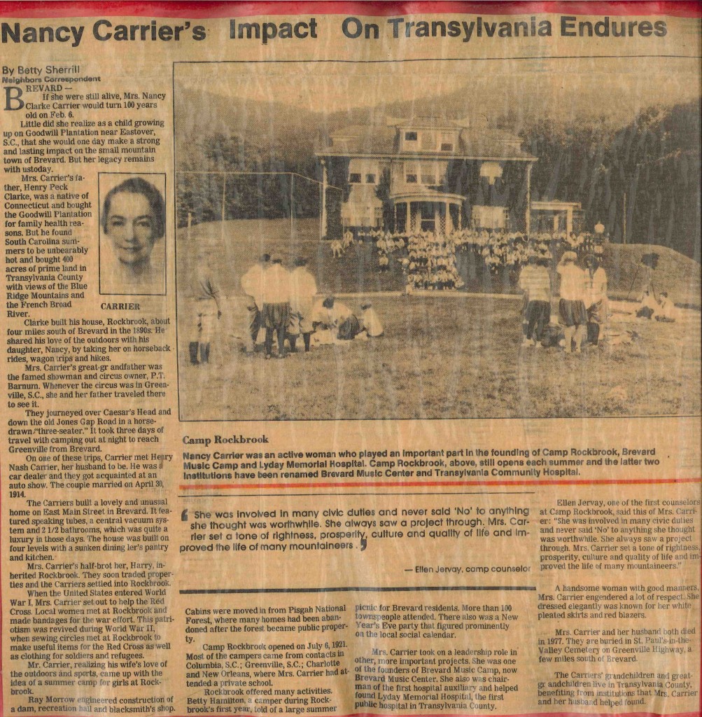 Nancy Carrier, Founder of Rockbrook Camp, featured in The Transylvania Times