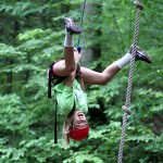 Camper upside down climbing the alpine tower